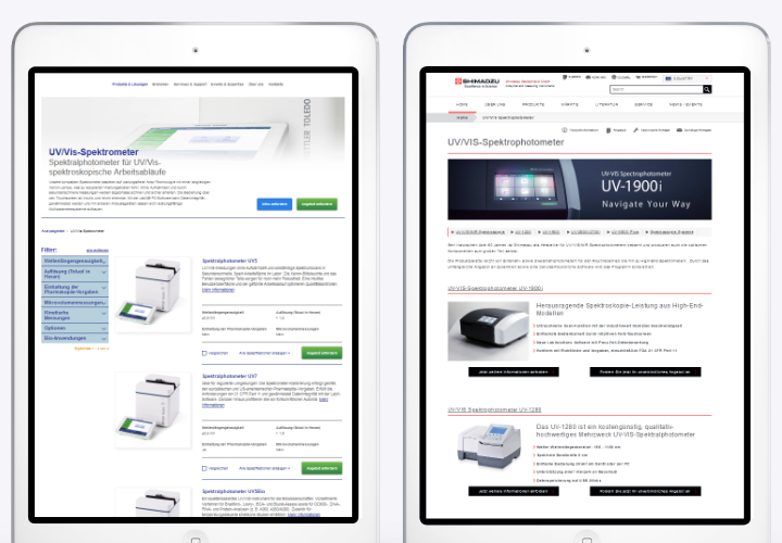 Every company presents its product information differently. This makes comparisons difficult for potential buyers. Mettler-Toledo on the left, Shimadzu on the right.