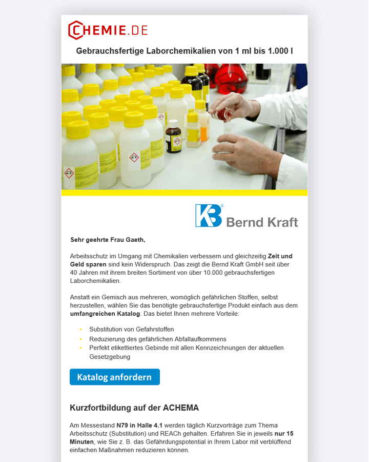 Stand-Alone-Mailing, um Interesse zu wecken für einen Chemikalienkatalog